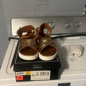 MIA Tan and Gold Strappy Sandals